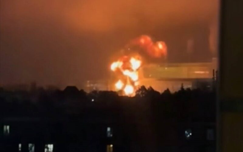 Explosion from a drone strike on Shatura Power Station, Moscow Oblast, Russia, 23 November 2025. Screenshot from video: Exilenova+