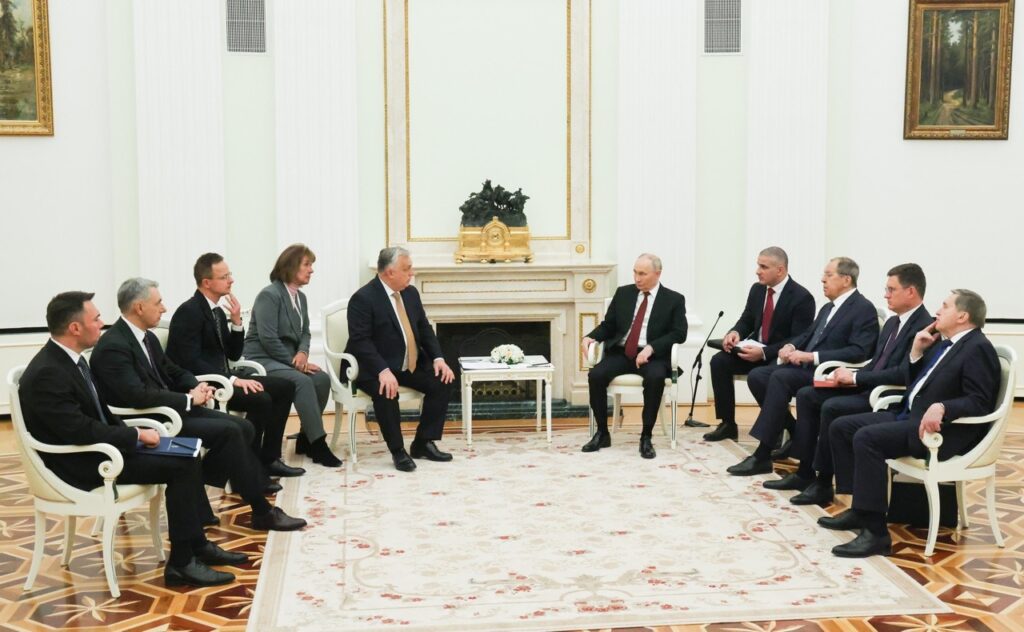 Russian President Vladimir Putin meets Hungarian Prime Minister Viktor Orban at the Kremlin on 28 November 2025