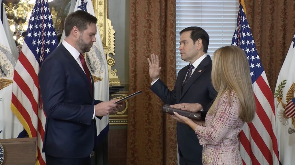 Vice President JD Vance administers the oath of office to Marco Rubio as US Secretary of State at the White House