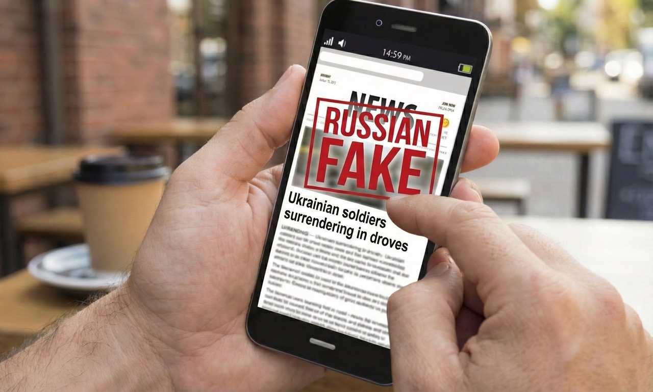 Hand holding smartphone displaying fake news article about Ukrainian soldiers surrendering, stamped with "Russian Fake" label