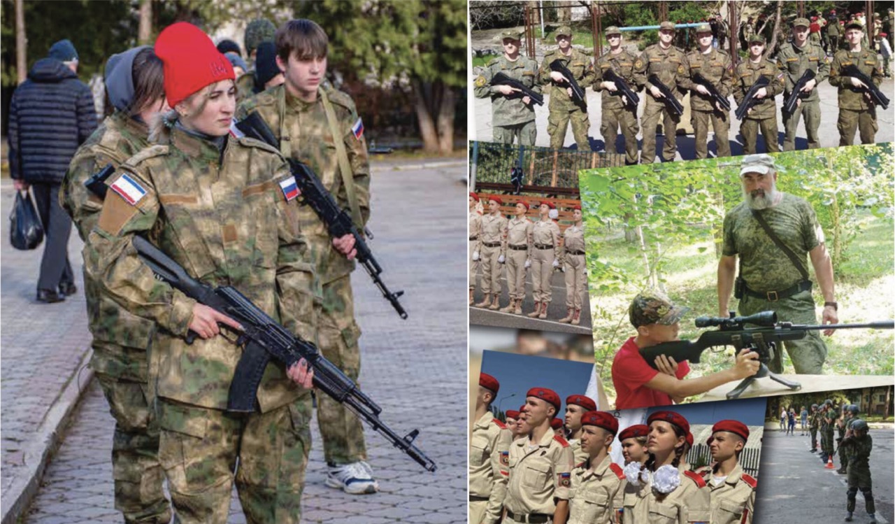 Composite image showing Ukrainian children in military uniforms holding rifles and participating in weapons training at Russian military programs in occupied territories