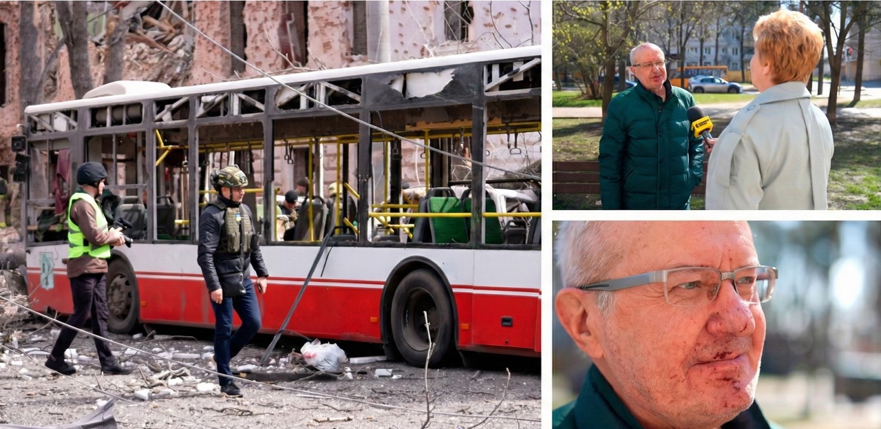 A three-part photo collage. On the left, a large photo shows a damaged red and white bus on a street, with debris on the ground and two people in vests walking near it. On the top right, a smaller photo shows an older man with glasses in a green jacket being interviewed by a reporter with a microphone in an outdoor setting. Below it, on the bottom right, is a close-up portrait of the same man, showing cuts and dried blood on his cheek and nose.