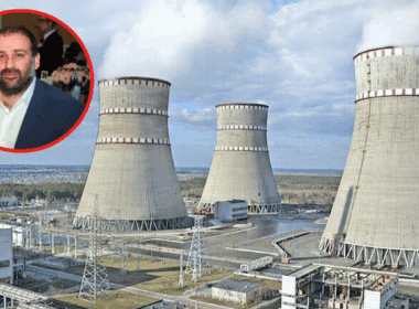 Composite image showing businessman Timur Mindich with Ukrainian nuclear power plant cooling towers, related to NABU corruption investigation at Energoatom involving kickback scheme