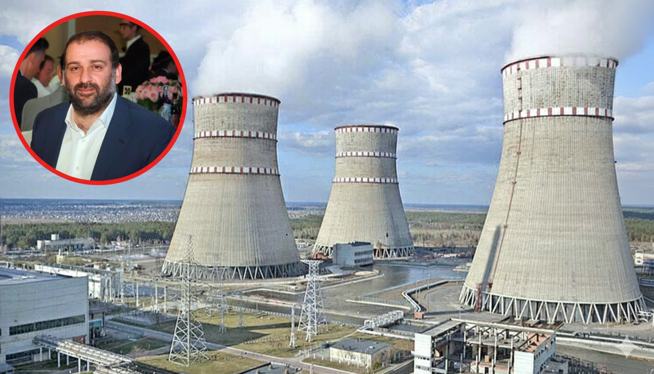 Composite image showing businessman Timur Mindich with Ukrainian nuclear power plant cooling towers, related to NABU corruption investigation at Energoatom involving kickback scheme