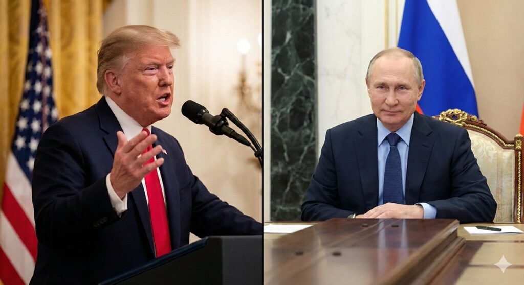 A split-screen image showing US President Donald Trump speaking at a podium on the left and Russian President Vladimir Putin seated at a conference table on the right