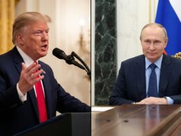A split-screen image showing US President Donald Trump speaking at a podium on the left and Russian President Vladimir Putin seated at a conference table on the right