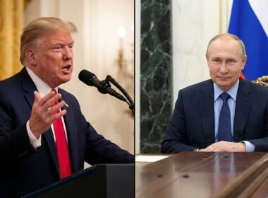 A split-screen image showing US President Donald Trump speaking at a podium on the left and Russian President Vladimir Putin seated at a conference table on the right