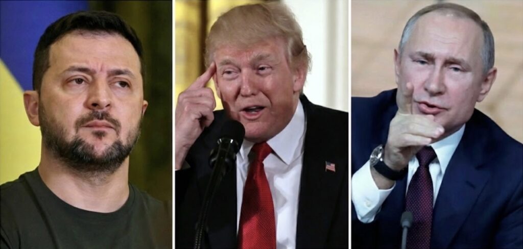 Composite image of three world leaders: Ukrainian President Volodymyr Zelenskyy looking serious in military green, US President Donald Trump gesturing towards his temple, and Russian President Vladimir Putin pointing a finger, symbolizing the tense 'hard walls' facing the new peace framework