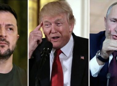 Composite image of three world leaders: Ukrainian President Volodymyr Zelenskyy looking serious in military green, US President Donald Trump gesturing towards his temple, and Russian President Vladimir Putin pointing a finger, symbolizing the tense 'hard walls' facing the new peace framework