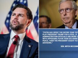 Vice President JD Vance speaking at podium with American flags, alongside Senator Mitch McConnell with his quote criticizing Trump's advisors on Ukraine peace plan
