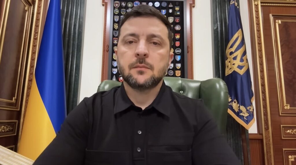 Ukrainian President Volodymyr Zelenskyy in his office during evening video address announcing EU sanctions proposals
