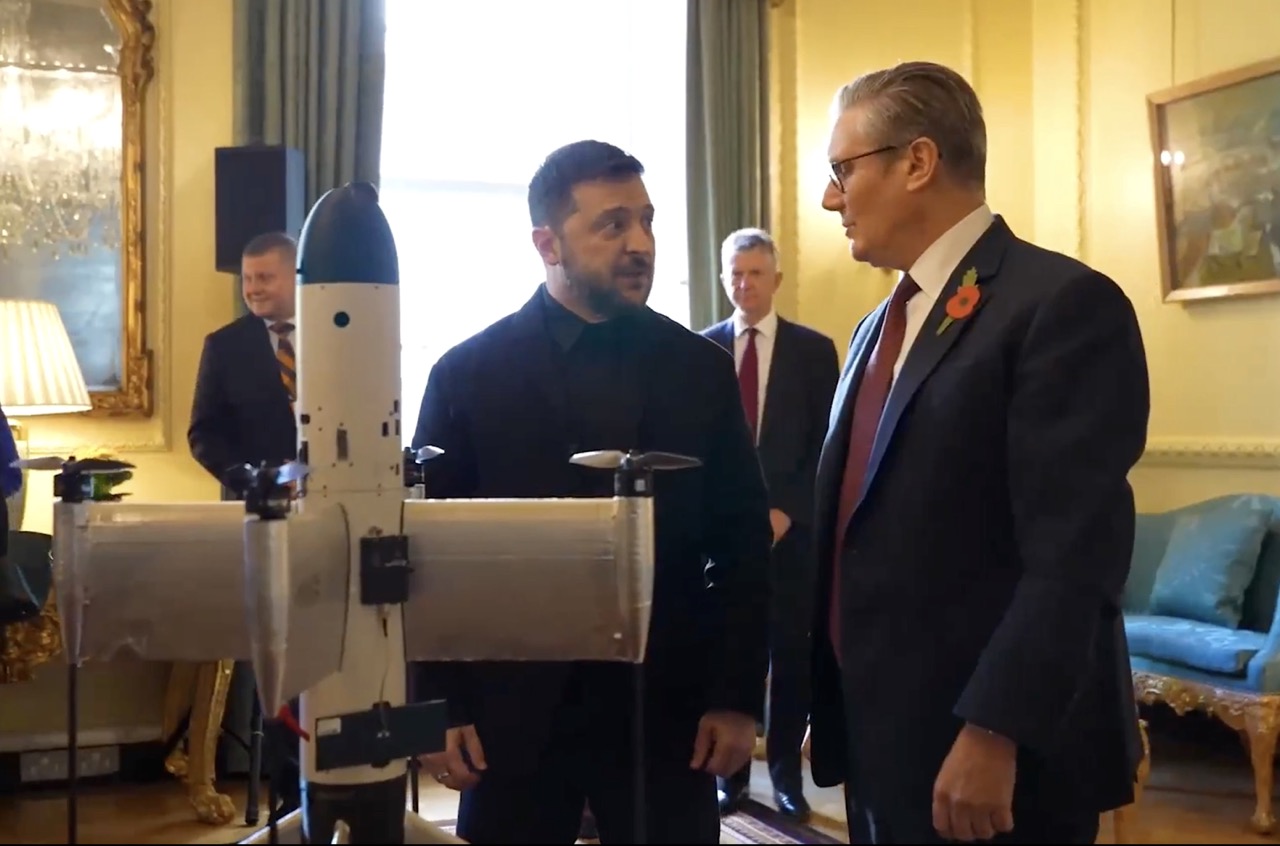 Ukrainian President Volodymyr Zelenskyy and British Prime Minister Keir Starmer discuss the "Octopus" interceptor drone, a joint UK-Ukraine production, shown in the foreground