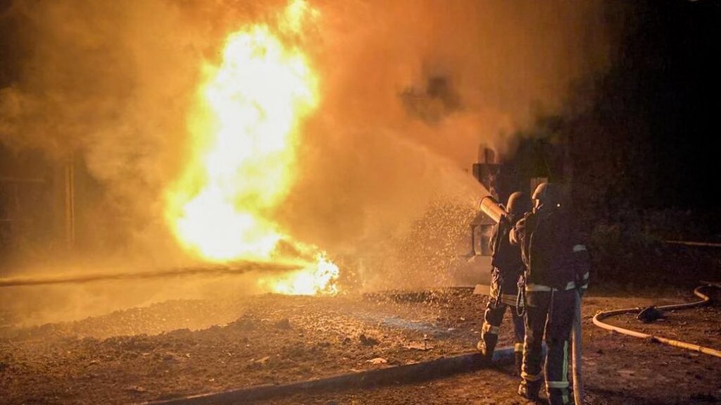 ukraine shoots down only half russian drones moscow terror attack targets power facilities three regions · post firefighters extinguish blaze site drone strike odesa oblast 11 2025 state emergency service