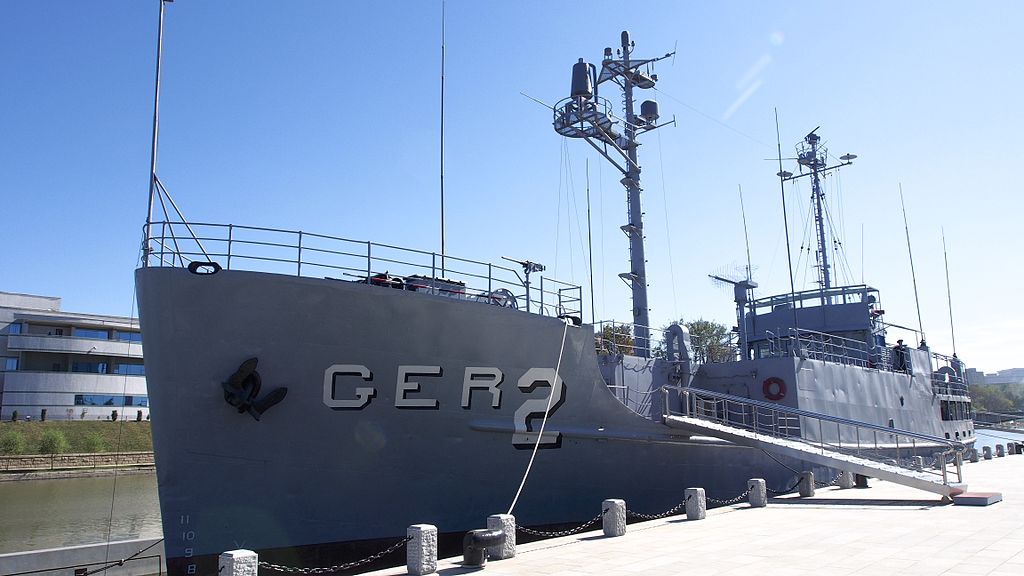 
USS Pueblo displayed at North Korea's war museum in Pyongyang, where the captured US spy ship serves as a propaganda exhibit.