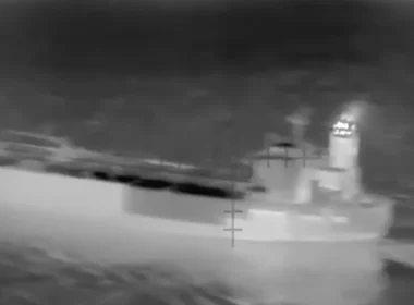 Russian shadow fleet tanker in the crosshairs of a Ukrainian drone in the Mediterranean Sea. Screenshot from video: hromadske