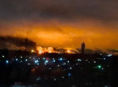 Fire and thick smoke rise over the Slavneft-YANOS oil refinery in Yaroslavl, Russia, after a drone strike overnight on 12 December 2025.