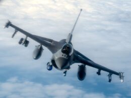 A U.S. Air Force F-16 Fighting Falcon flies a patrol mission over the U.S. Central Command area of responsibility on Feb. 9, 2025. The fighter carries a targeting pod and APKWS rockets.