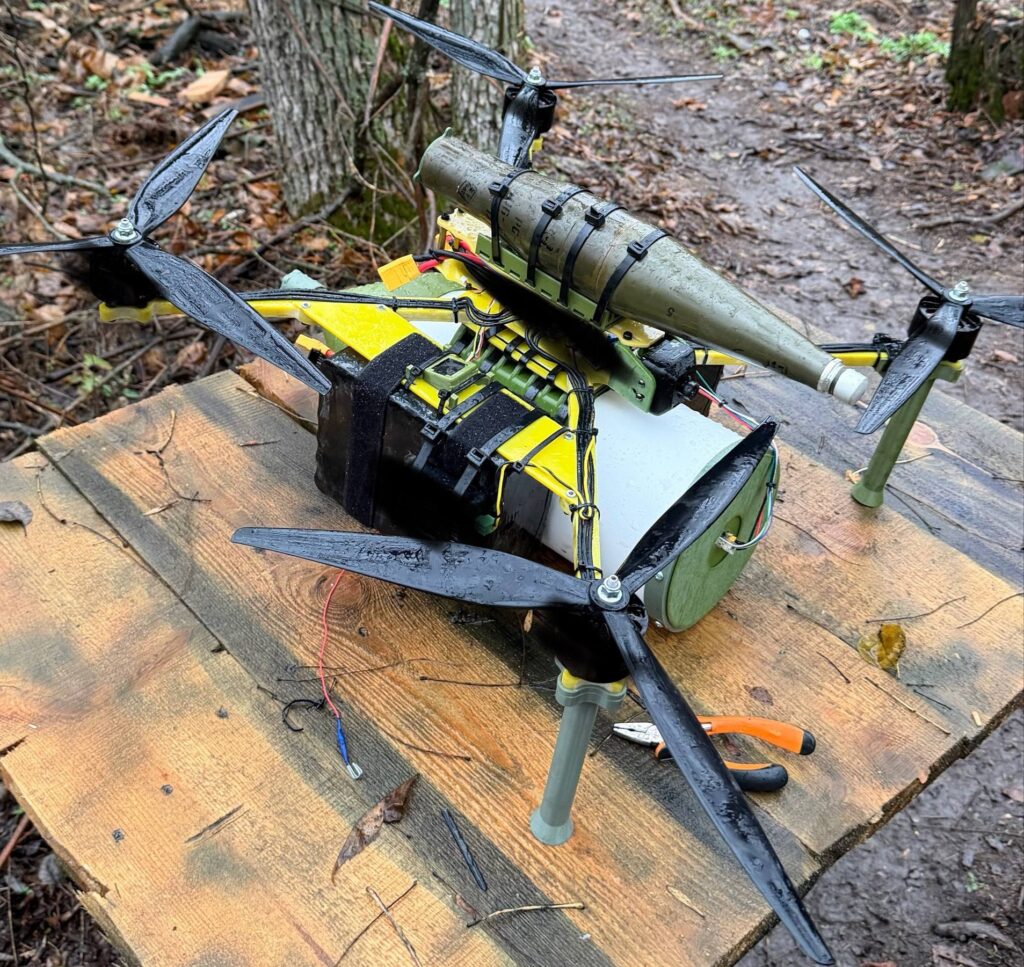 FPV drone by Ptashka Drones equipped with a 50 km fiber optic reel. Photo from the company’s official Telegram channel.