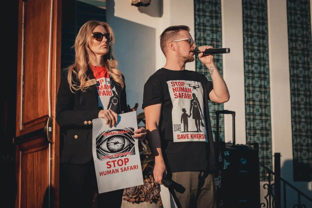 Russia hunts kills protest targets civilians with drones stop human safari save kherson children drones