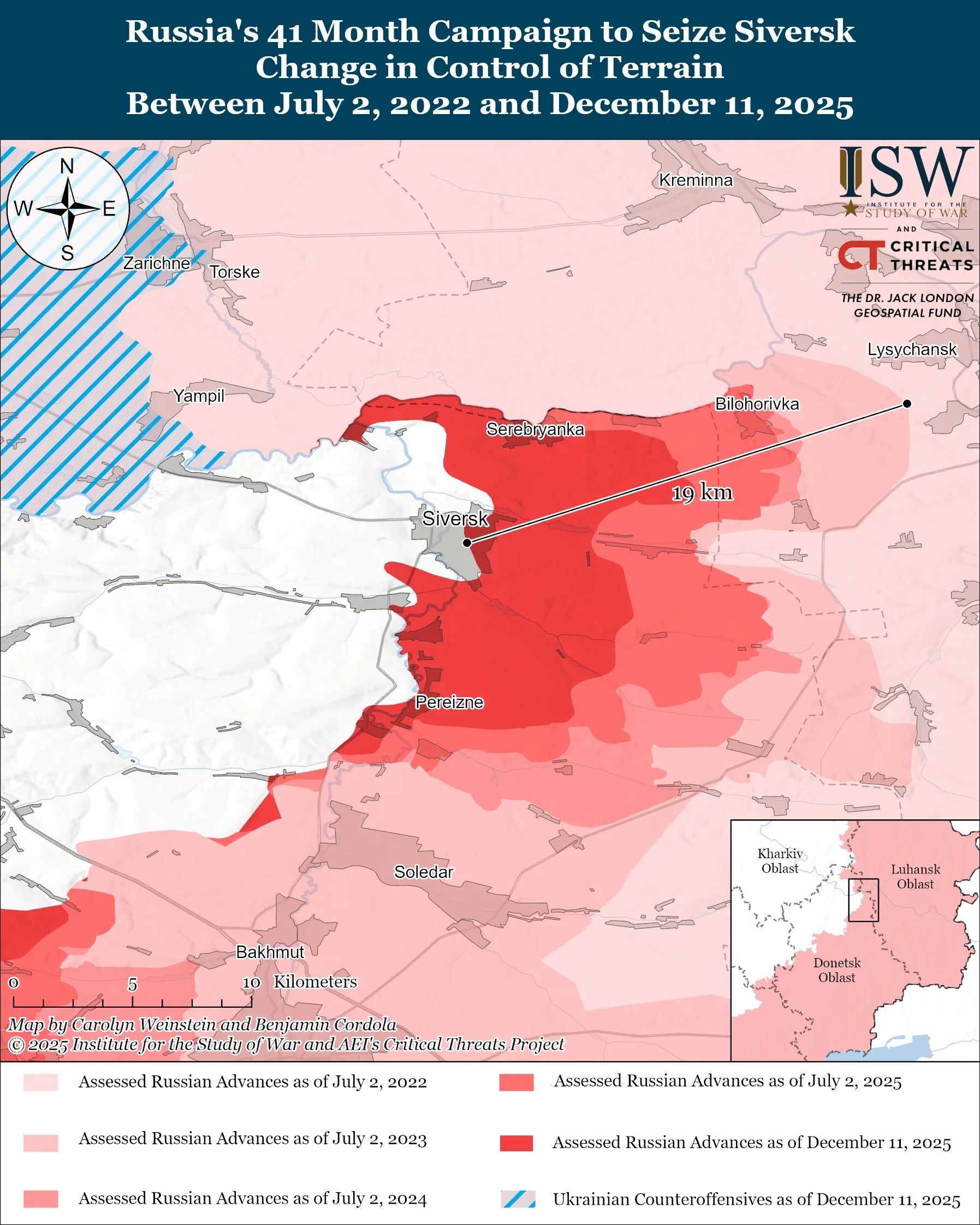 russia claims captured siversk portrays its victory inevitable — isw says neither true (maps) · post shows russian advances 41-month campaign seize between 2 2022 11 2025 total assessed advance