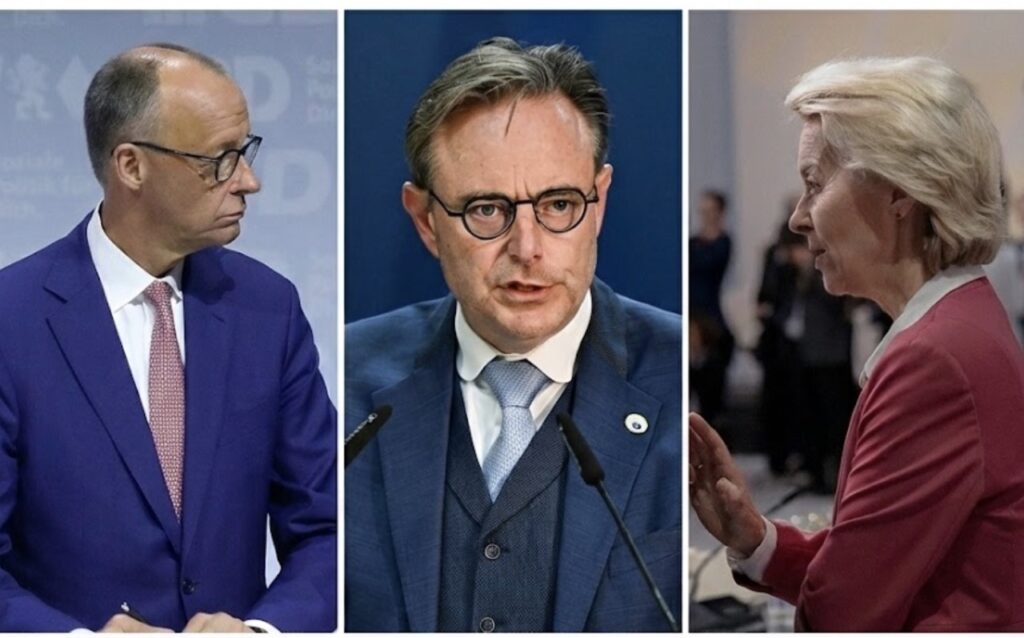 German Chancellor Friedrich Merz, Belgian Prime Minister Bart De Wever, and European Commission President Ursula von der Leyen in a collage representing EU negotiations over €165 billion loan for Ukraine backed by frozen Russian assets