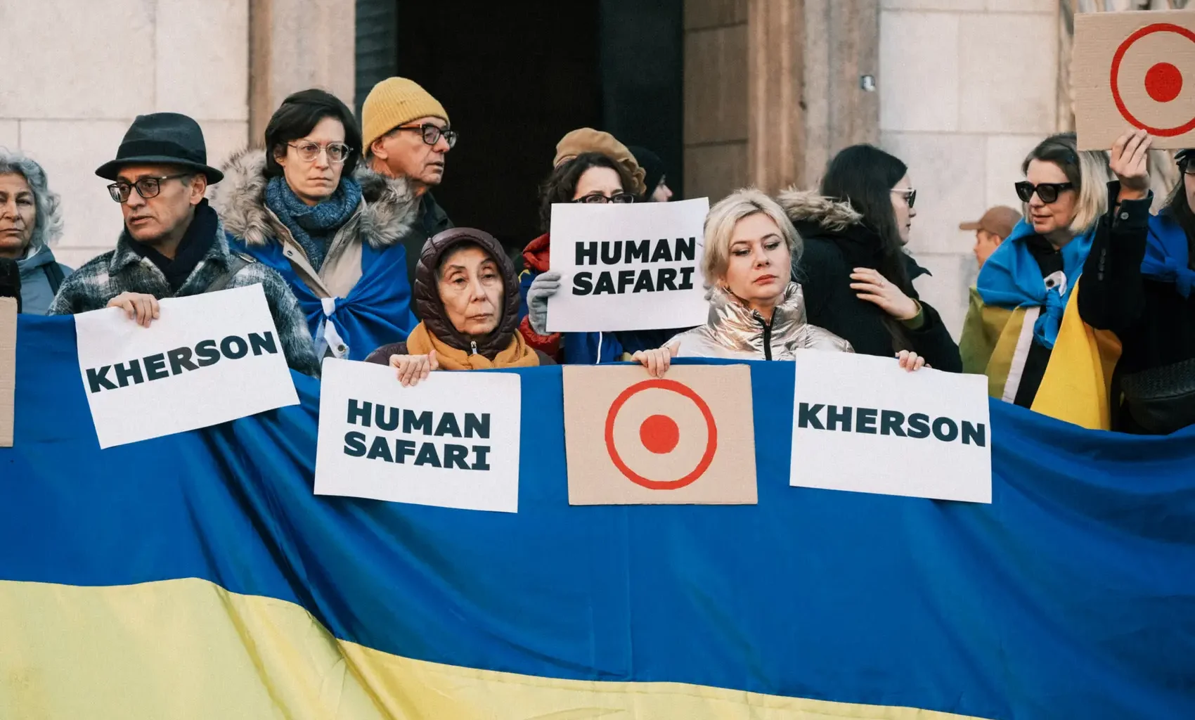 Russia hunts kills protest targets civilians with drones stop human safari save kherson children drones