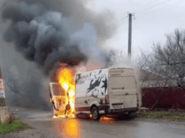UAnimals animal rescue van on fire following a Russian drone strike on the vehicle. Words on the van read "animal evacuation." Donetsk Oblast, 12 December 2025. Screenshot from video: UAnimals