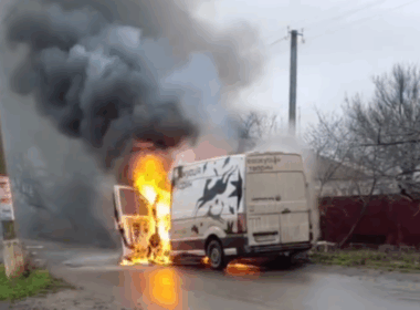 UAnimals animal rescue van on fire following a Russian drone strike on the vehicle. Words on the van read "animal evacuation." Donetsk Oblast, 12 December 2025. Screenshot from video: UAnimals
