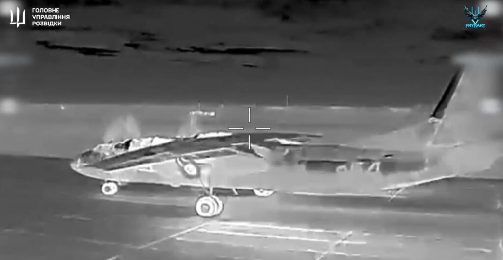 ukrainian drones blow up russian an-26 plane two more radars occupied crimea (video) · post drone thermal view military transport aircraft moments before strike struck main directorate intelligence ukraine targeted