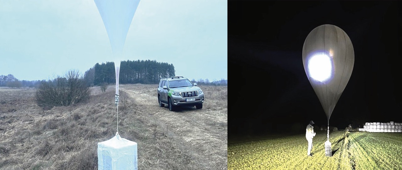Smuggling balloons from Belarus: contraband cargo landed in field (left), night vision of launch preparation (right)