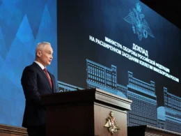 Russian Defense Minister Andrei Belousov speaking at the expanded Defense Ministry board meeting on 17 December 2025, where he revealed war costs consume 80% of Russia's defense budget.