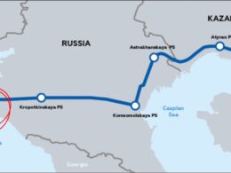Map showing the Caspian Pipeline Consortium (CPC) route from Tengiz in western Kazakhstan through Russian pumping stations to the Marine Terminal at Novorossiysk on the Black Sea