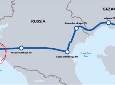 Map showing the Caspian Pipeline Consortium (CPC) route from Tengiz in western Kazakhstan through Russian pumping stations to the Marine Terminal at Novorossiysk on the Black Sea