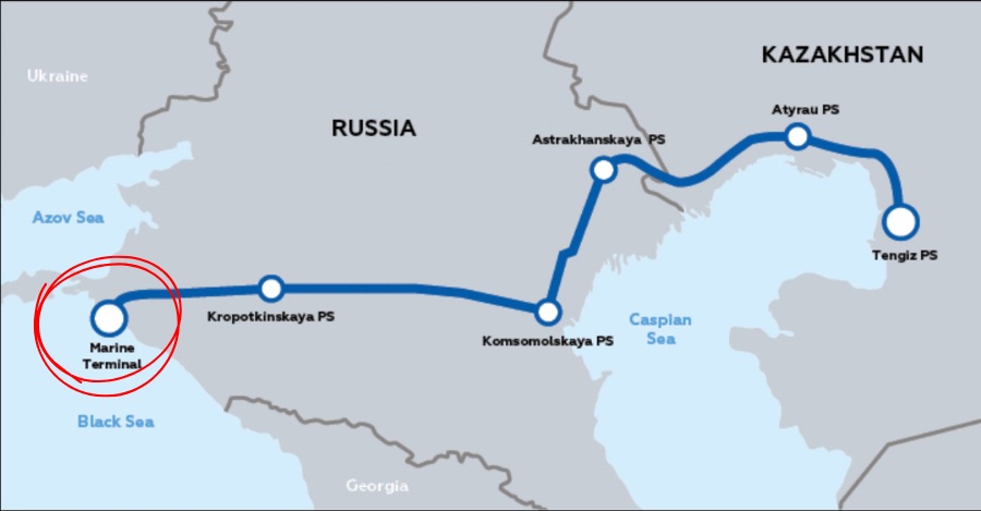 Map showing the Caspian Pipeline Consortium (CPC) route from Tengiz in western Kazakhstan through Russian pumping stations to the Marine Terminal at Novorossiysk on the Black Sea