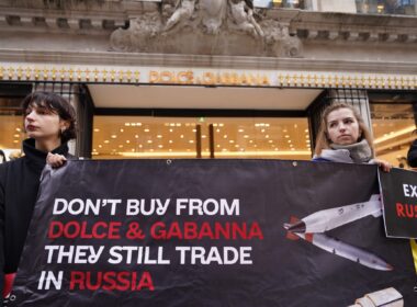 Ukrainian activists outside a Dolce & Gabbana store in London, protesting over the company's continued operations in Russia. protest luxury brands Ukrainian activists businesses exit Russia business boycott