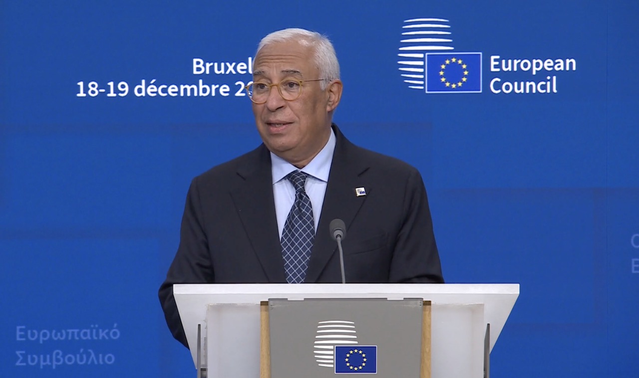 European Council President António Costa at podium announcing €90bn EU loan for Ukraine at Brussels summit, 18 December 2025