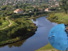 The Luhan River in Luhansk in the 1970s compared to present-day toxic contamination under Russian occupation, showing chemical sheen and industrial waste pollution