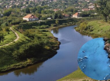 The Luhan River in Luhansk in the 1970s compared to present-day toxic contamination under Russian occupation, showing chemical sheen and industrial waste pollution