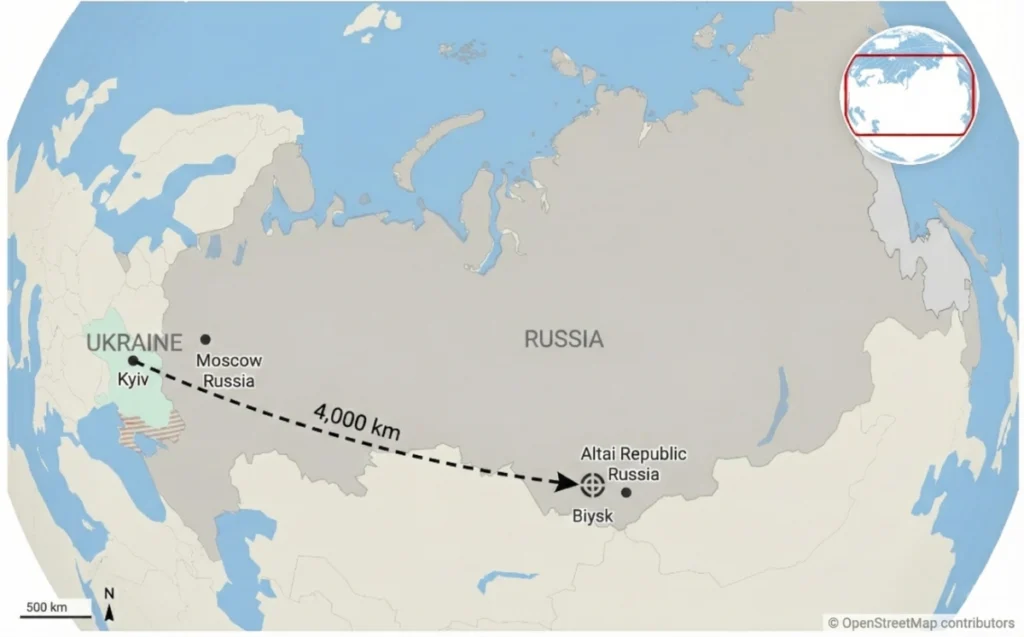 Map showing the 4,000 km distance from Kyiv, Ukraine to Biysk in Russia's Altai region, where Ukrainian civilians are held in detention.