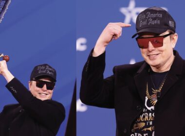 Elon Musk wearing MAGA cap at CPAC 2025, holding chainsaw in one photo and pointing to his hat in another