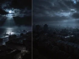 Odesa city skyline and port in complete darkness during power blackout after Russian attack, with only moonlight illuminating the buildings and harbor cranes