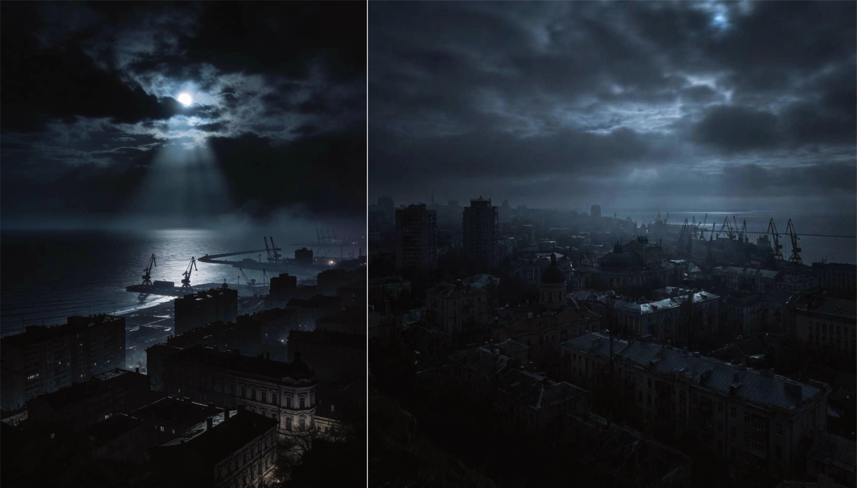 Odesa city skyline and port in complete darkness during power blackout after Russian attack, with only moonlight illuminating the buildings and harbor cranes