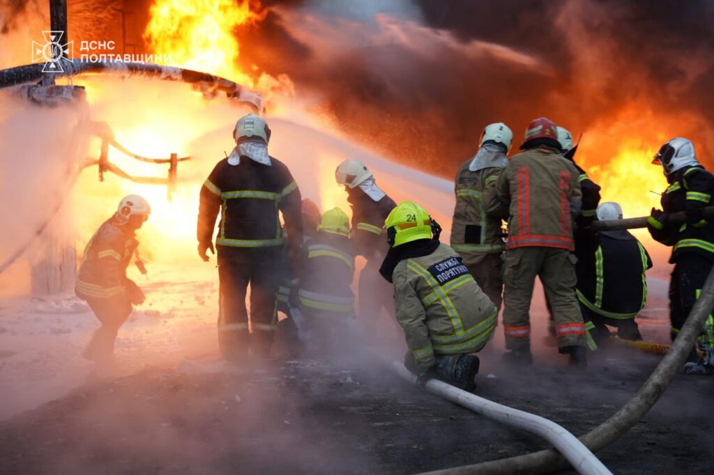 Emergency workers on site of a Russian strike on energy infrastructure in the Kremenchuk region, Poltava Oblast. Photo: DSNS Poltava Oblast
