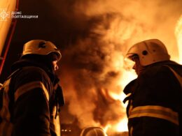 Emergency workers on site of a Russian strike on energy infrastructure in the Kremenchuk region, Poltava Oblast. Photo: DSNS Poltava Oblast