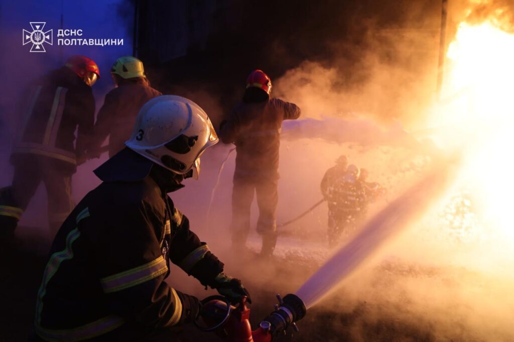 Emergency workers on site of a Russian strike on energy infrastructure in the Kremenchuk region, Poltava Oblast. Photo: DSNS Poltava Oblast