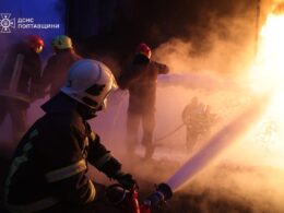 Emergency workers on site of a Russian strike on energy infrastructure in the Kremenchuk region, Poltava Oblast. Photo: DSNS Poltava Oblast