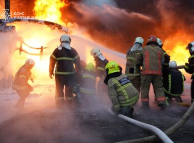 Emergency workers on site of a Russian strike on energy infrastructure in the Kremenchuk region, Poltava Oblast. Photo: DSNS Poltava Oblast