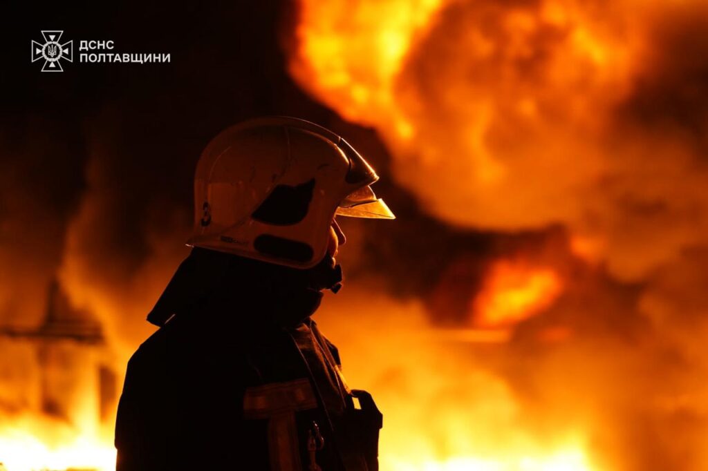 Emergency workers on site of a Russian strike on energy infrastructure in the Kremenchuk region, Poltava Oblast. Photo: DSNS Poltava Oblast