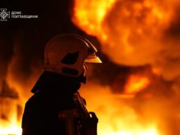 Emergency workers on site of a Russian strike on energy infrastructure in the Kremenchuk region, Poltava Oblast. Photo: DSNS Poltava Oblast