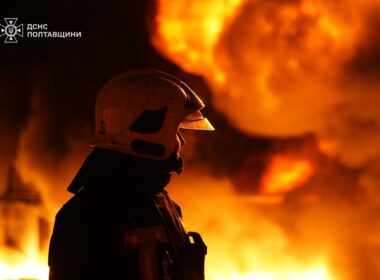 Emergency workers on site of a Russian strike on energy infrastructure in the Kremenchuk region, Poltava Oblast. Photo: DSNS Poltava Oblast
